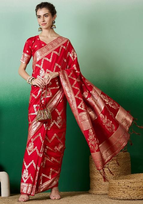 Red Embroidered Jacquard Saree Set