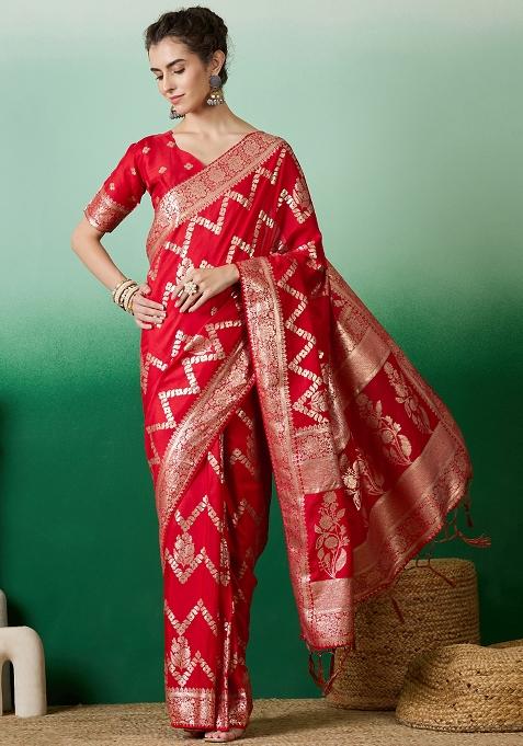 Red Embroidered Jacquard Saree Set