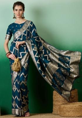 Teal Embroidered Jacquard Saree Set