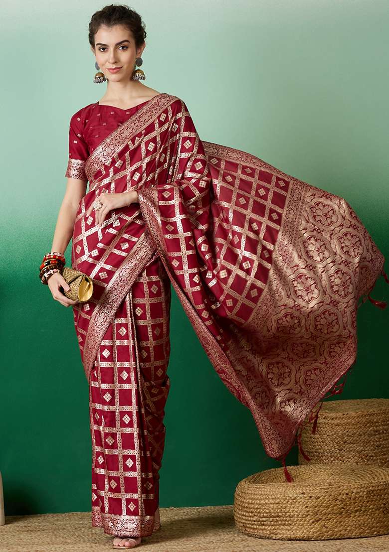 Maroon Embroidered Jacquard Saree Set for Diwali and Festive Wear - Indya
