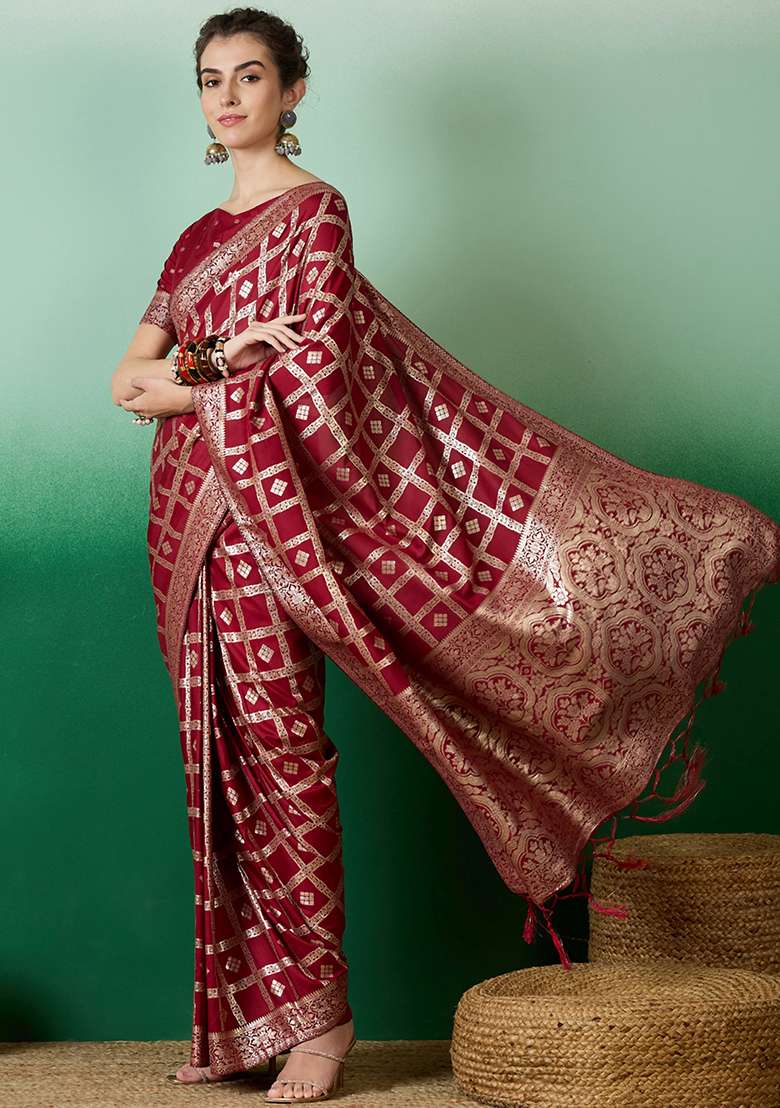 Maroon Embroidered Jacquard Saree Set for Diwali and Festive Wear - Indya