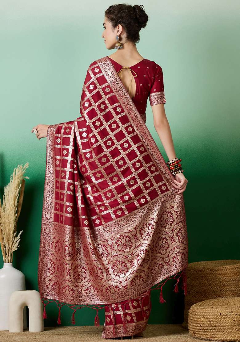Maroon Embroidered Jacquard Saree Set for Diwali and Festive Wear - Indya