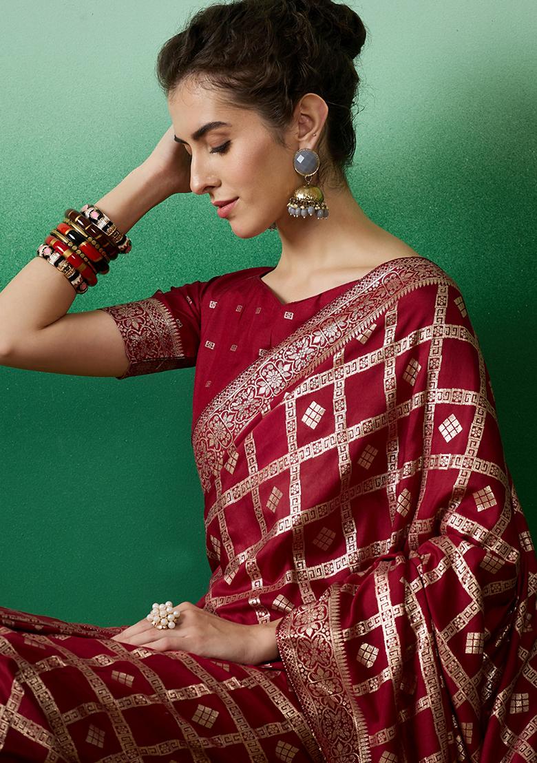 Maroon Embroidered Jacquard Saree Set - Indya