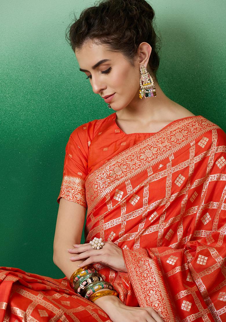 Orange Embroidered Jacquard Saree Set - Indya