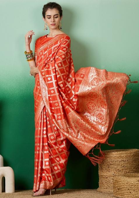 Orange Embroidered Jacquard Saree Set