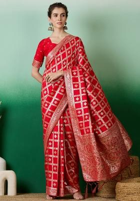 Red Embroidered Jacquard Saree Set