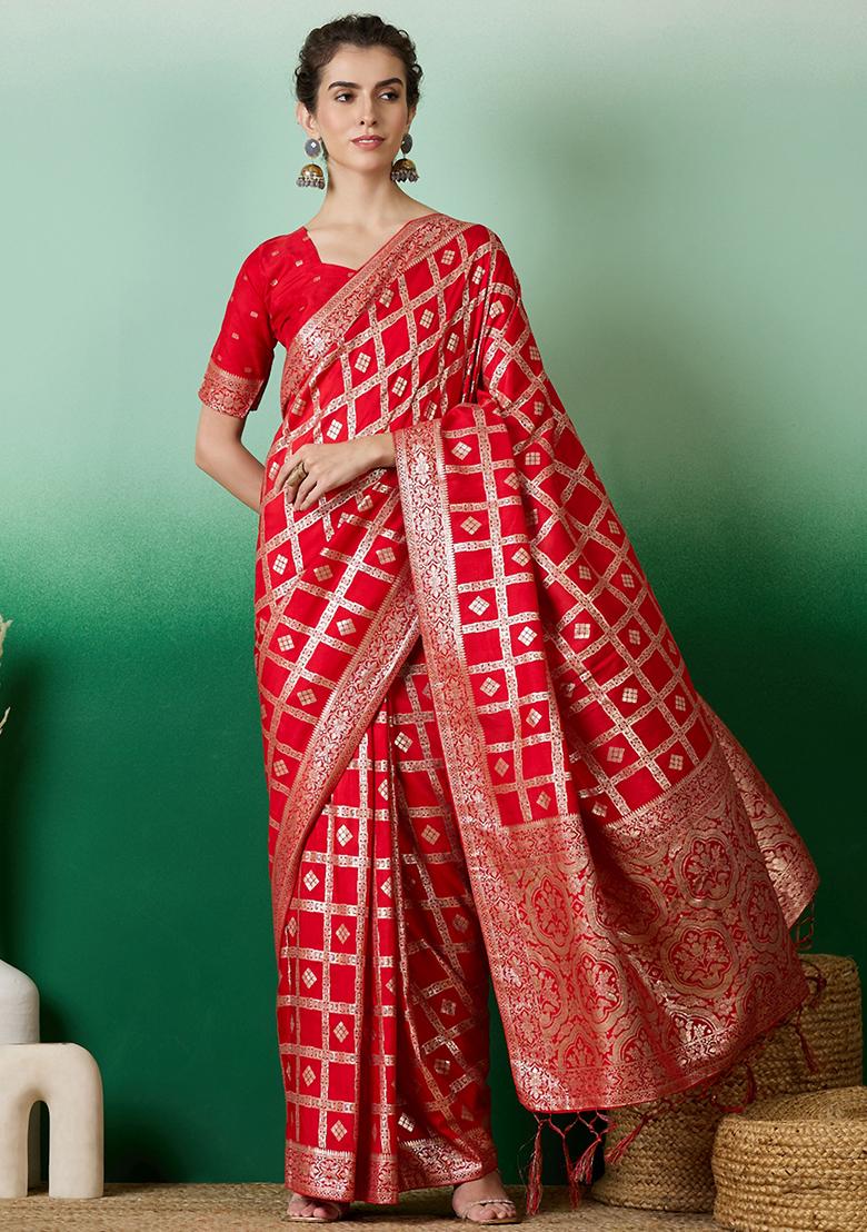 Red Embroidered Jacquard Saree Set
