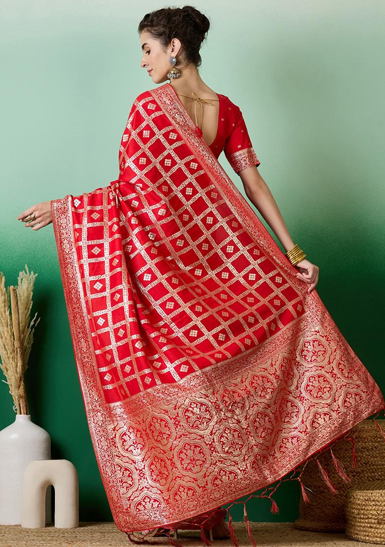 Red Embroidered Jacquard Saree Set