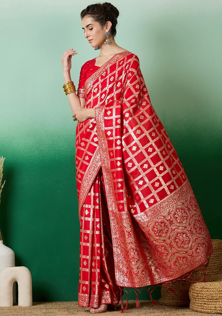 Red Embroidered Jacquard Saree Set