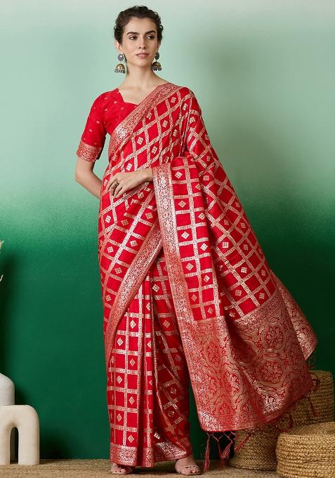 Red Embroidered Jacquard Saree Set