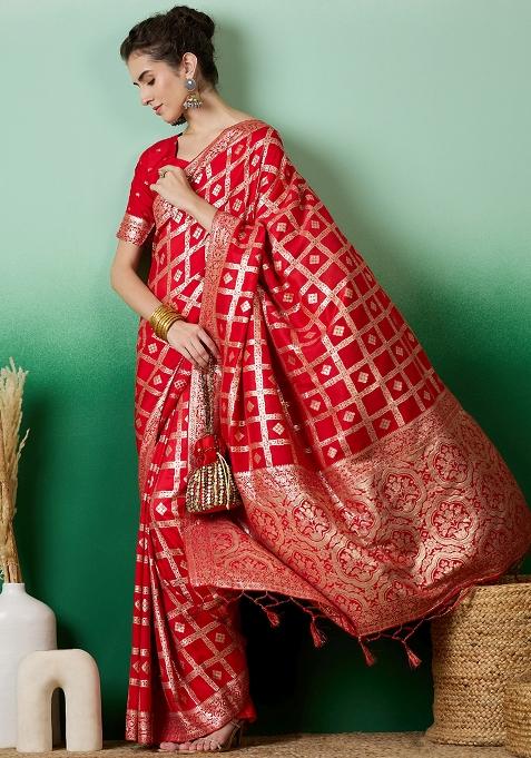 Red Embroidered Jacquard Saree Set