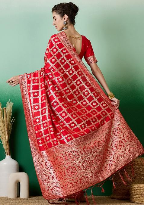 Red Embroidered Jacquard Saree Set