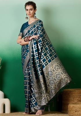 Teal Embroidered Jacquard Saree Set