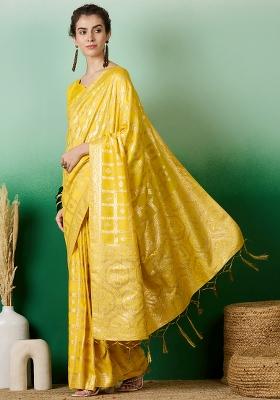 Yellow Embroidered Jacquard Saree Set