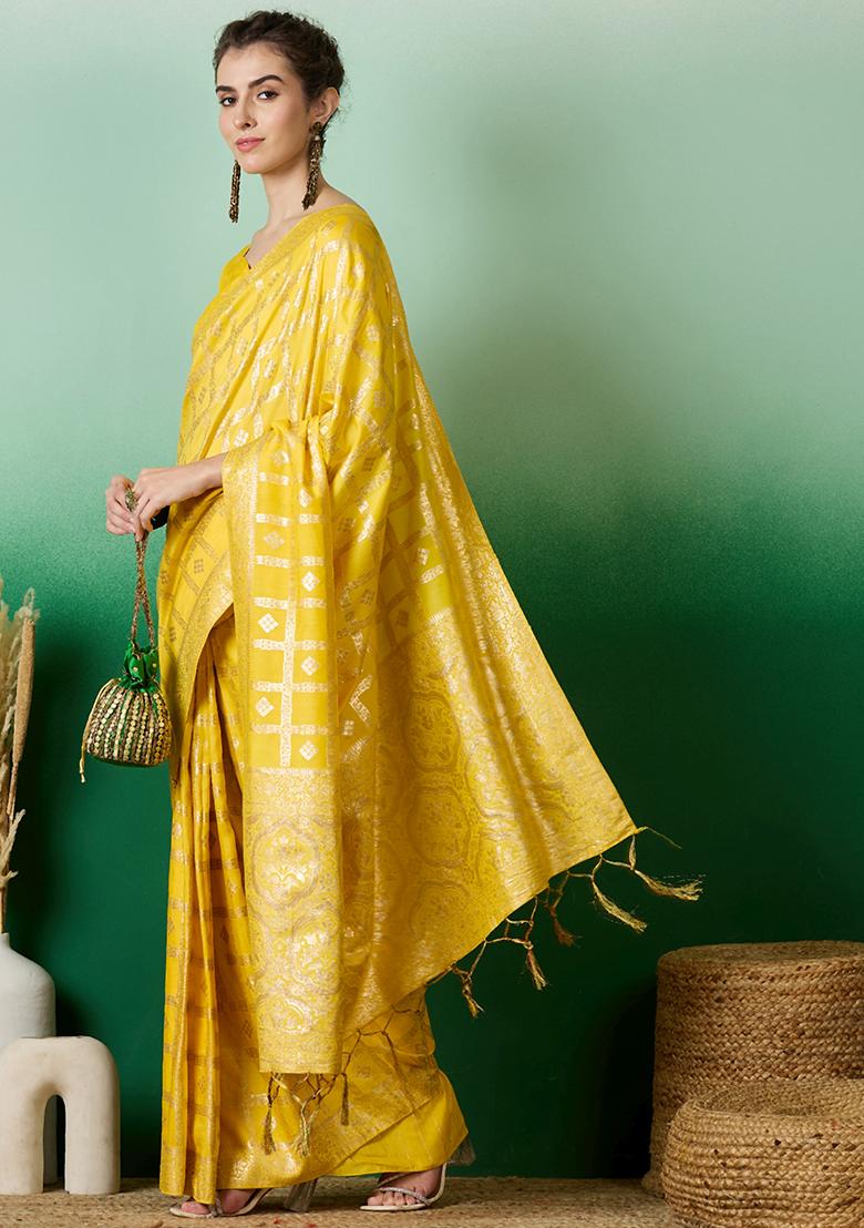 Yellow Embroidered Jacquard Saree Set