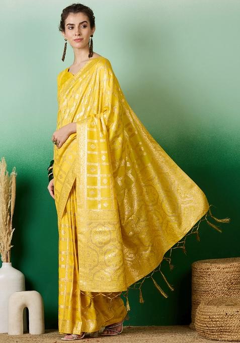 Yellow Embroidered Jacquard Saree Set