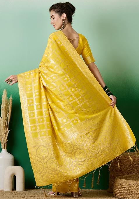 Yellow Embroidered Jacquard Saree Set