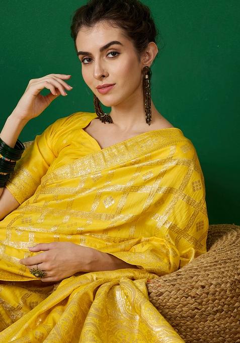 Yellow Embroidered Jacquard Saree Set