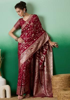Maroon Embroidered Jacquard Saree Set