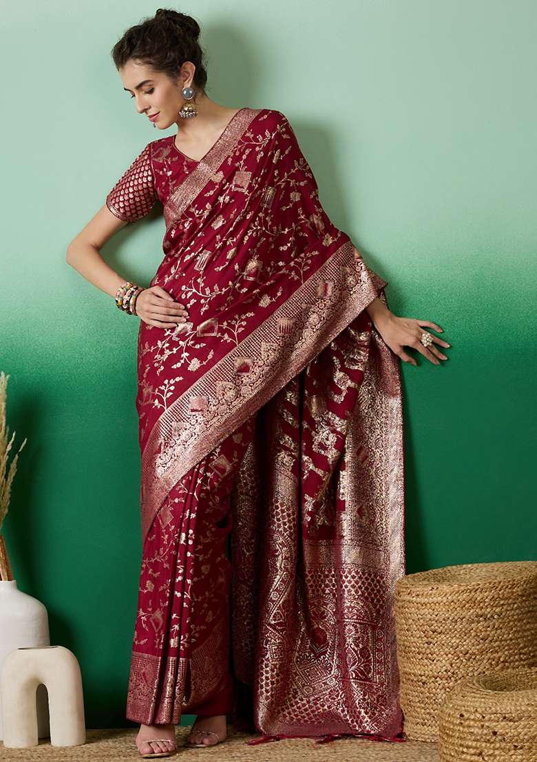 Maroon Jacquard Saree Set with Embroidered for Diwali | Wedding & Festive Wear - Indya