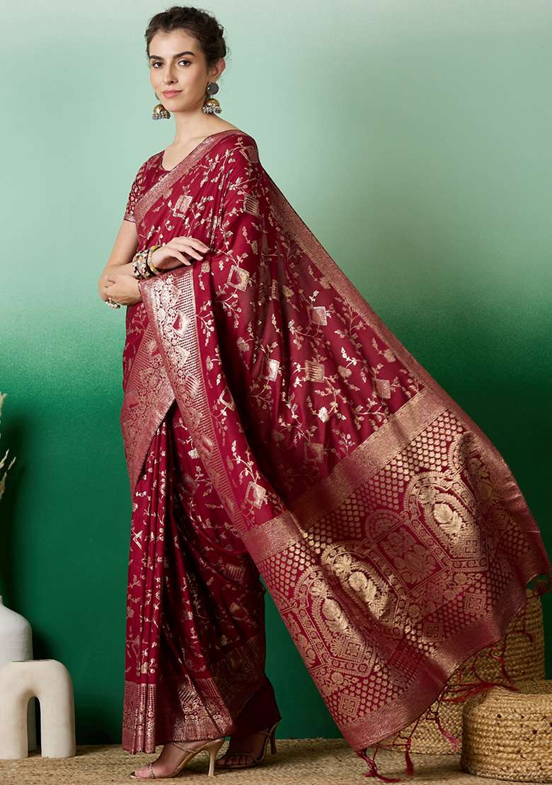 Maroon Jacquard Saree Set with Embroidered for Diwali | Wedding & Festive Wear - Indya