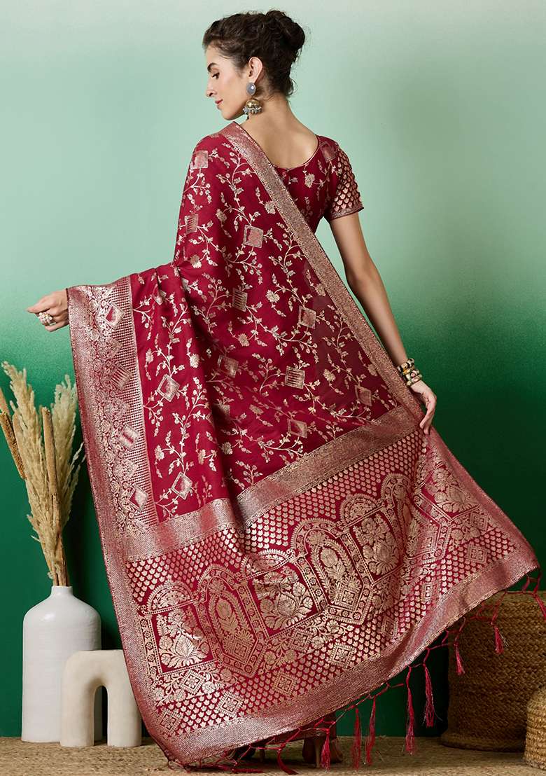 Maroon Jacquard Saree Set with Embroidered for Diwali | Wedding & Festive Wear - Indya
