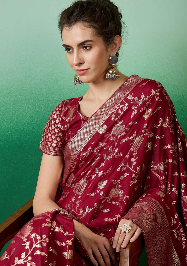 Maroon Jacquard Saree Set with Embroidered for Diwali | Wedding & Festive Wear - Indya