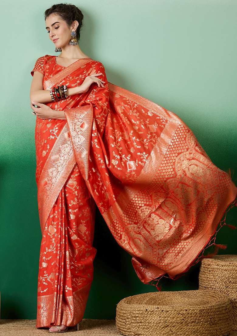 Orange Embroidered Jacquard Saree Set - Indya