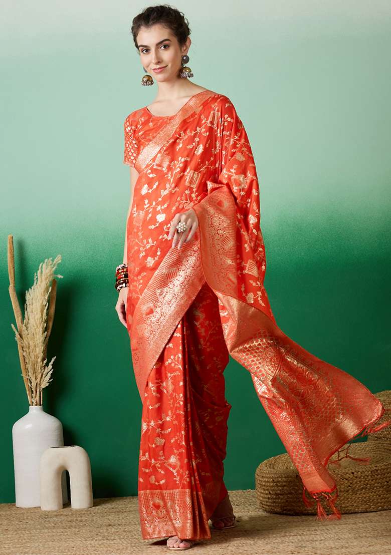 Orange Embroidered Jacquard Saree Set - Indya