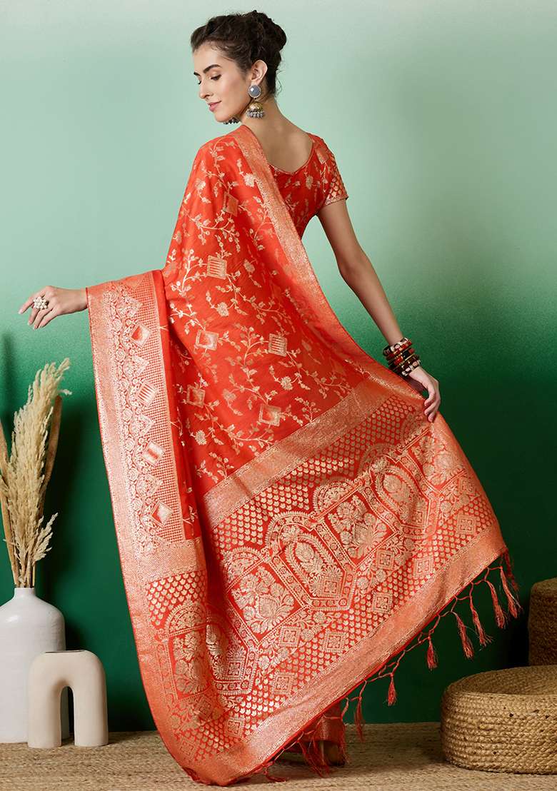 Orange Embroidered Jacquard Saree Set - Indya