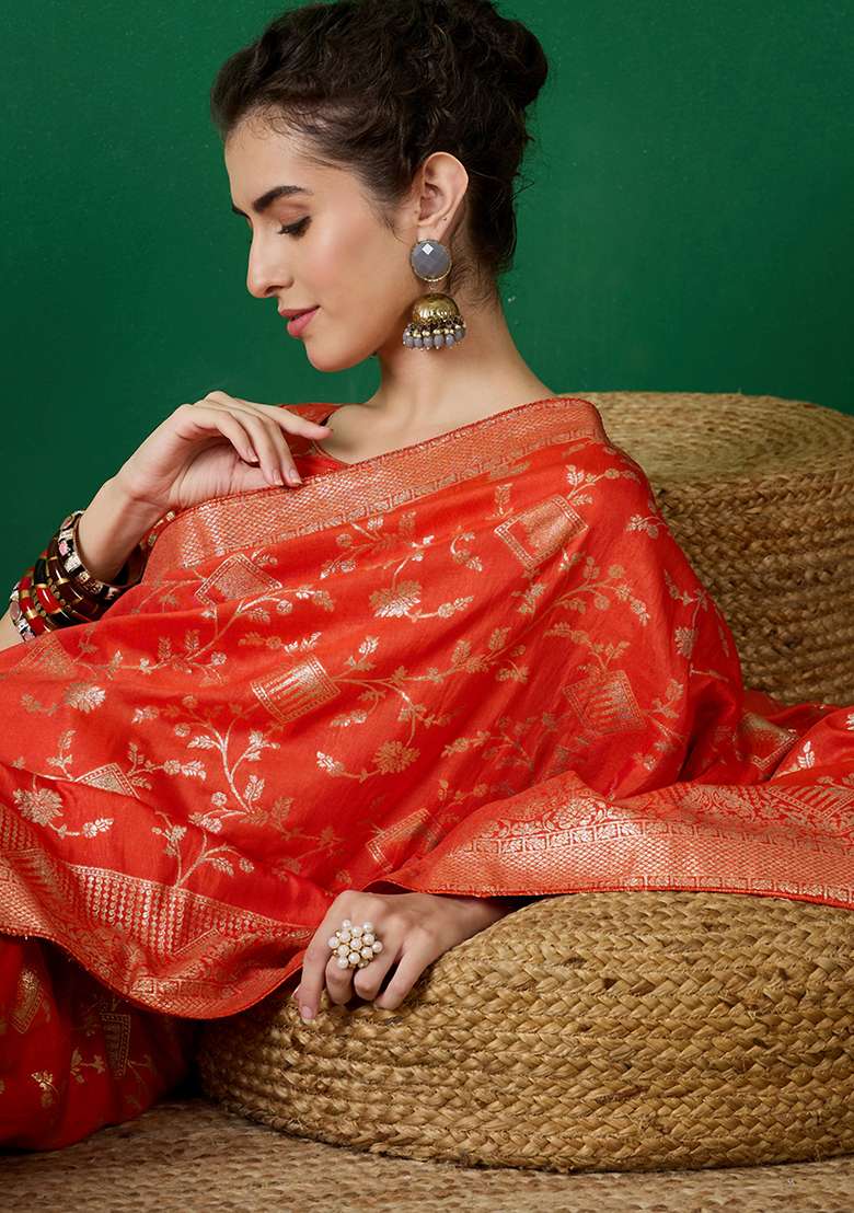 Orange Embroidered Jacquard Saree Set - Indya