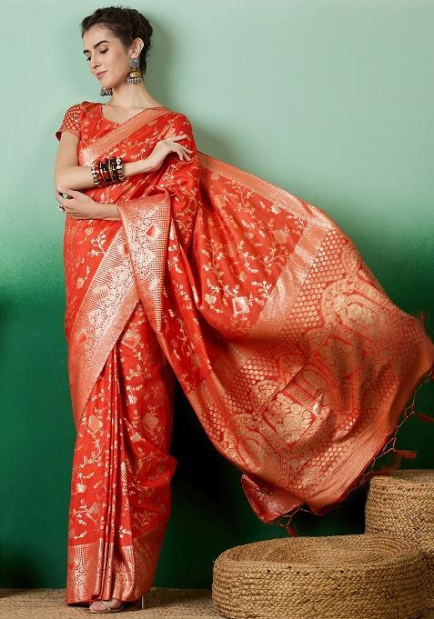 Orange Embroidered Jacquard Saree Set