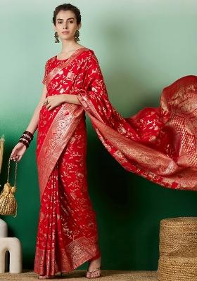 Red Embroidered Jacquard Saree Set