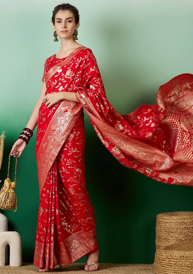 Red Embroidered Jacquard Saree Set
