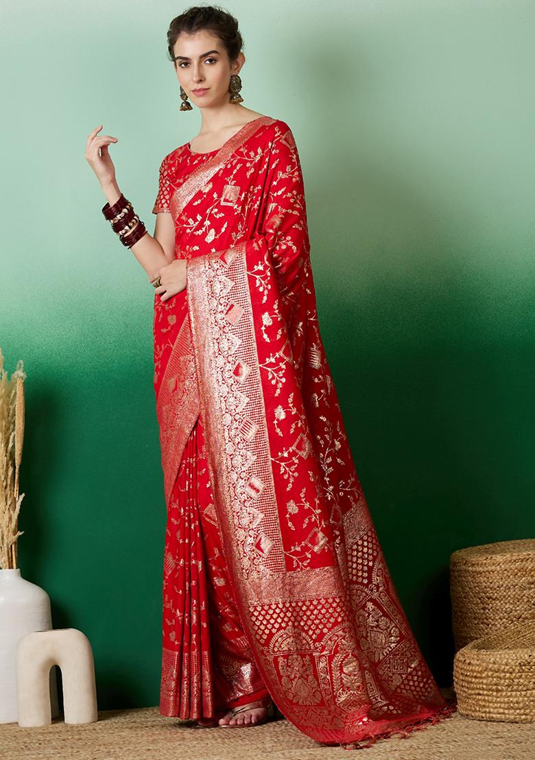 Red Embroidered Jacquard Saree Set