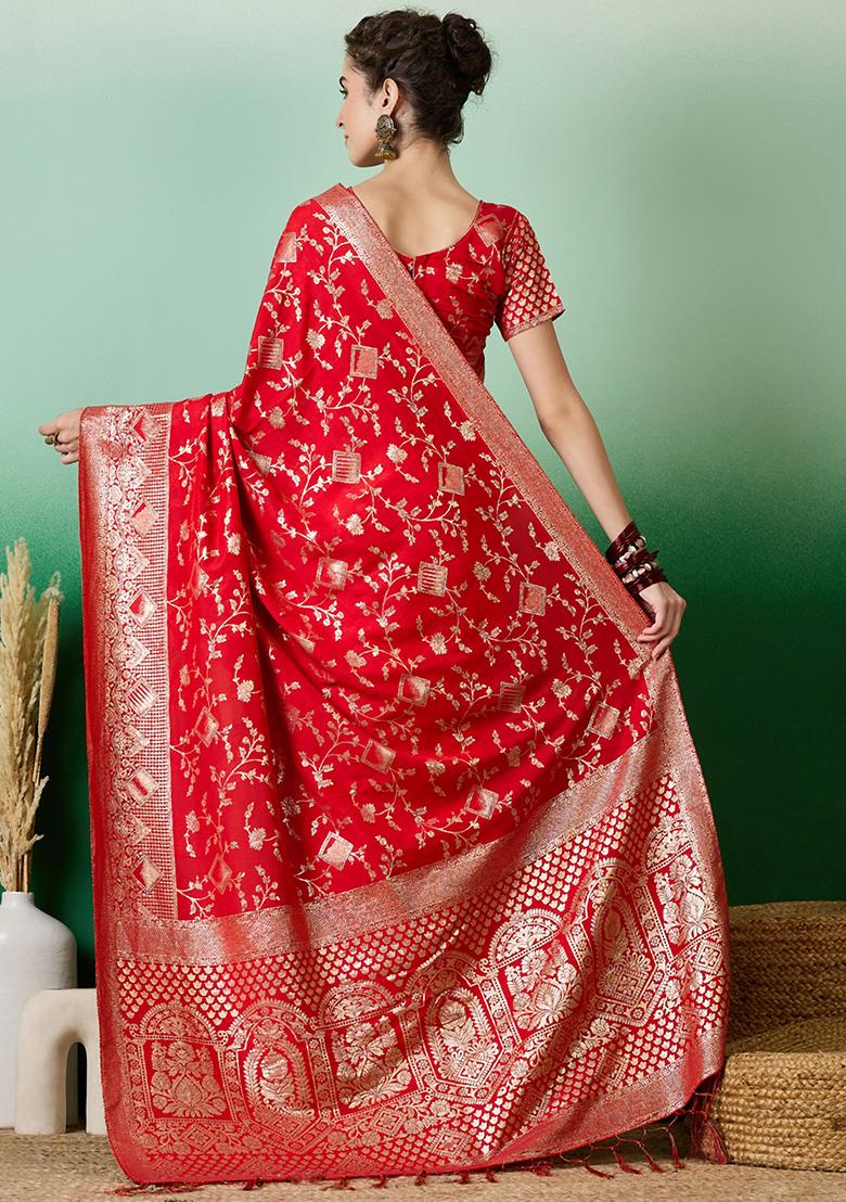 Red Embroidered Jacquard Saree Set
