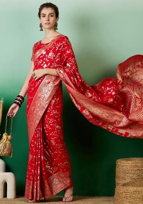 Red Embroidered Jacquard Saree Set