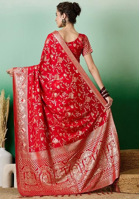 Red Embroidered Jacquard Saree Set