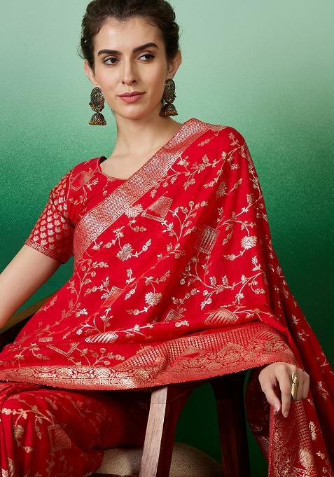 Red Embroidered Jacquard Saree Set