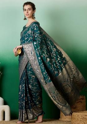 Teal Embroidered Jacquard Saree Set