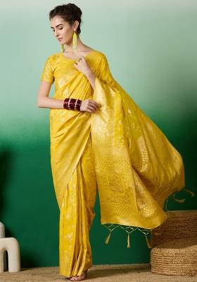 Yellow Embroidered Jacquard Saree Set