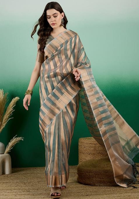 Green Embroidered Oragnza Saree Set