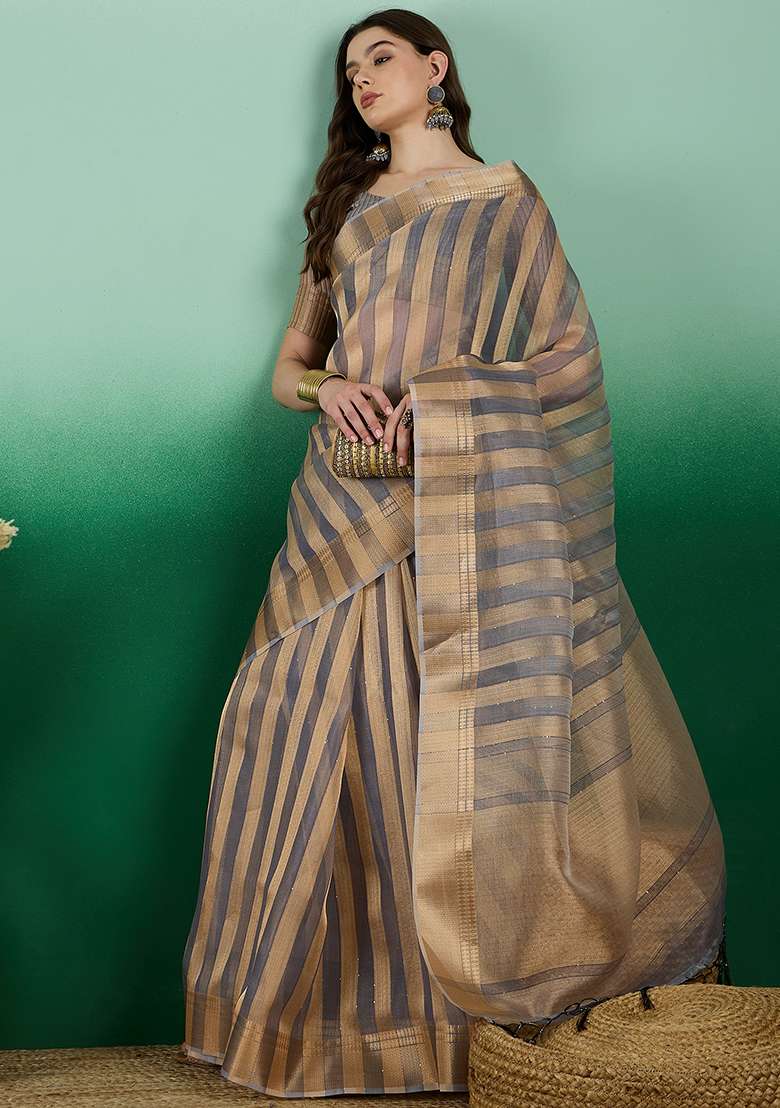 Grey Embroidered Oragnza Saree Set for Diwali and Festive Wear - Indya