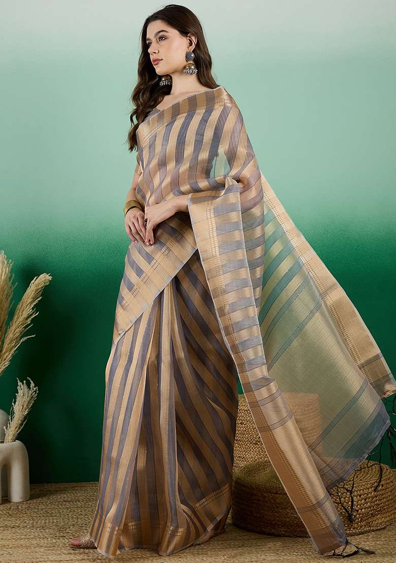 Grey Embroidered Oragnza Saree Set for Diwali and Festive Wear - Indya
