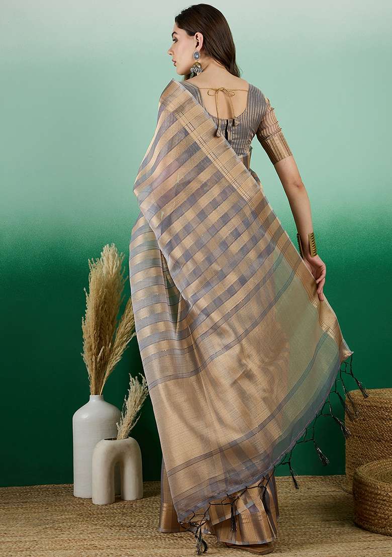 Grey Embroidered Oragnza Saree Set for Diwali and Festive Wear - Indya
