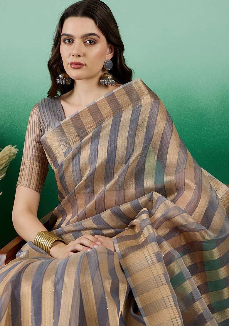 Grey Embroidered Oragnza Saree Set for Diwali and Festive Wear - Indya