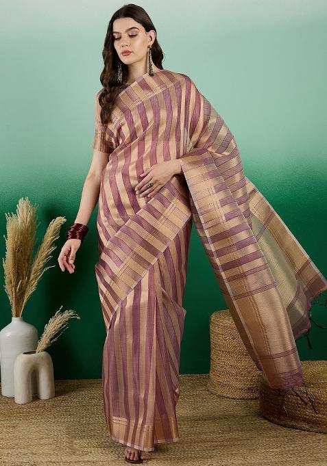 Rust Embroidered Oragnza Saree Set