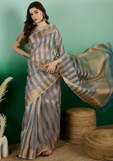 Teal Embroidered Oragnza Saree Set