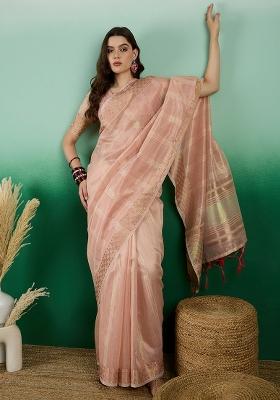 Peach Embroidered Oragnza Saree Set