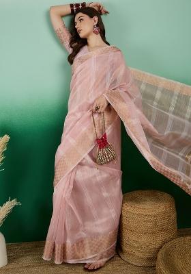 Pink Embroidered Oragnza Saree Set